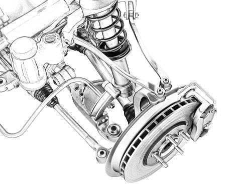 Draft sketch of the front suspension of the car, remmore with a shock absorber and brake discs assembly