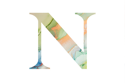 Initial letter N with abstract hand-painted alcohol ink texture