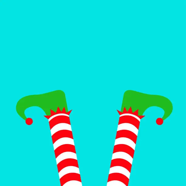Vector illustration of Merry Christmas. Santa Claus Elf legs with green shoes. Upside down. Red white striped socks. Happy New Year. Cute cartoon funny kawaii baby character. Flat design. Isolated. White background.