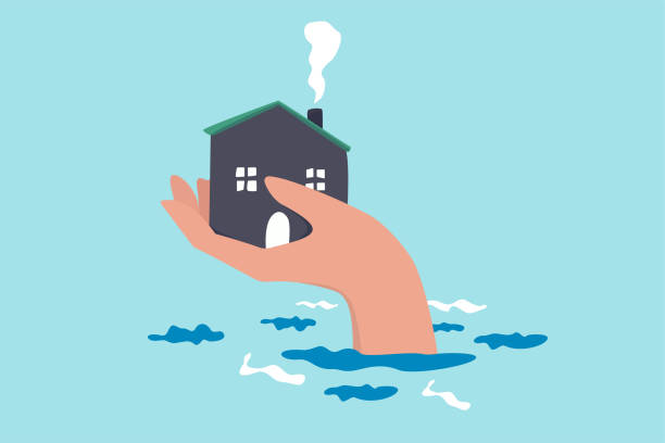 illustrations, cliparts, dessins animés et icônes de protection de l’assurance habitation contre les catastrophes, sécurité et sauvetage contre les tempêtes et les inondations, concept de soins à domicile, grande main humaine aidant la maison au-dessus du niveau d’eau de crue protéger contre les dom - flood water shield help