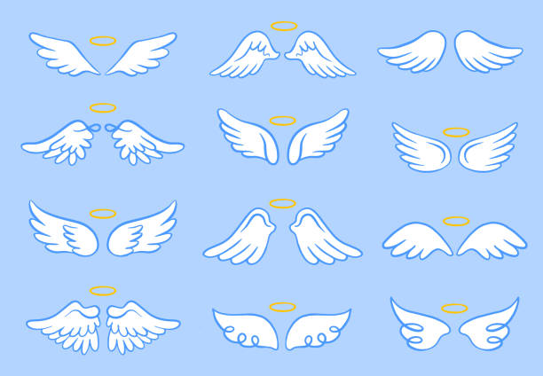 ilustrações, clipart, desenhos animados e ícones de conjunto vetorial de asas com uma auréola. elementos de rabiscos desenhados à mão no fundo azul. - anjo