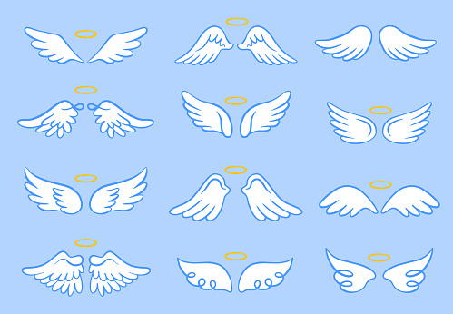 Vector set of wings with a halo. Linear sketches feather angel wings, feathers bird wings. Hand-drawn, doodle elements on the blue background.