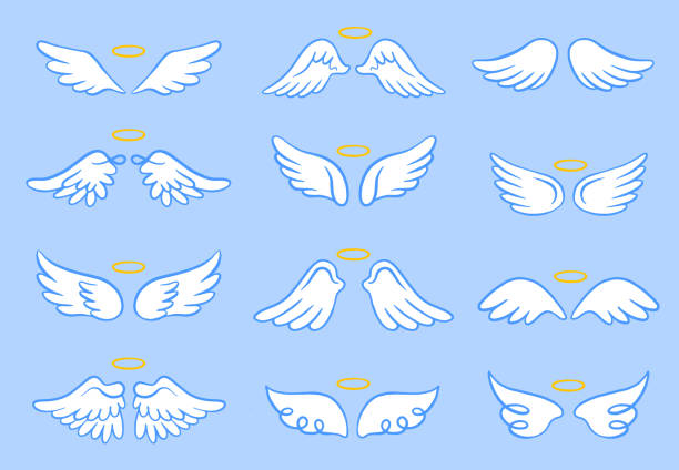 Vector set of wings with a halo. Hand-drawn, doodle elements on the blue background. Vector set of wings with a halo. Linear sketches feather angel wings, feathers bird wings. Hand-drawn, doodle elements on the blue background. angels tattoos stock illustrations