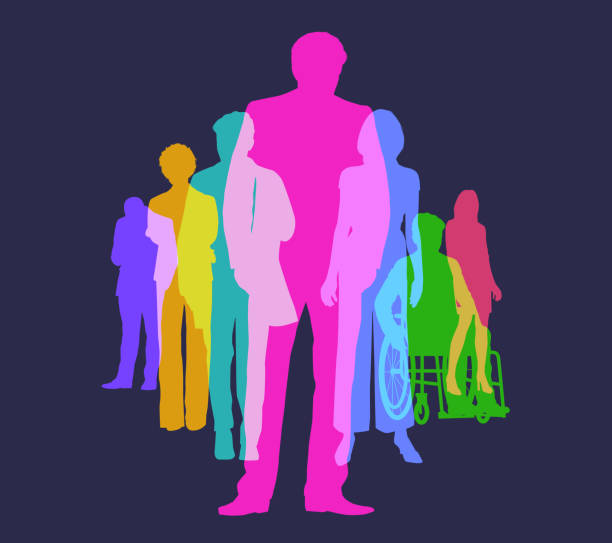 Professional or Business people Colourful overlapping silhouettes of Professional or Business people. Business, men, women, businessman, businesswoman, commerce, success, growth, Launch event, finance, wheelchair entrepreneur silhouettes stock illustrations