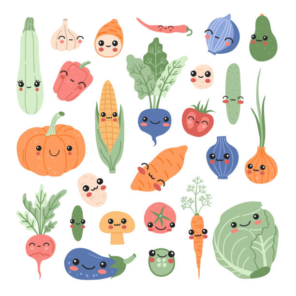 Kawaii baby vegetables set, funny cartoon vitamin plant sticker collection Kawaii baby vegetables set, funny cartoon vitamin plant sticker collection. Smiling cute food characters concept sweet potato, tomato, pumpkin, avocado, corn pastel colors clipart in modern flat style tomato face stock illustrations