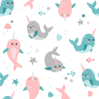 Kawaii Narwhal Starfish And Shells Seamless Pattern Cute Baby Whale  Characters Stock Illustration - Download Image Now - iStock