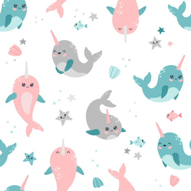 Kawaii narwhal, starfish and shells seamless pattern, cute baby whale characters Kawaii narwhal, starfish and shells seamless pattern, cute baby whale characters. Sea life, ocean animals with horn, modern trendy vector flat cartoon illustration on white background, repeat design unicorn fish stock illustrations