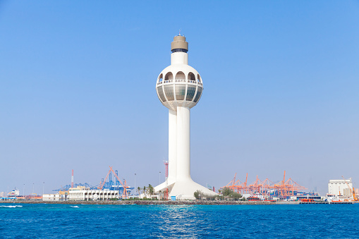 White traffic control tower as a main landmark and a symbol of the port of Jeddah, Saudi Arabia