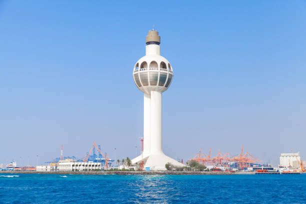 White traffic control tower as a main landmark White traffic control tower as a main landmark and a symbol of the port of Jeddah, Saudi Arabia jeddah stock pictures, royalty-free photos & images
