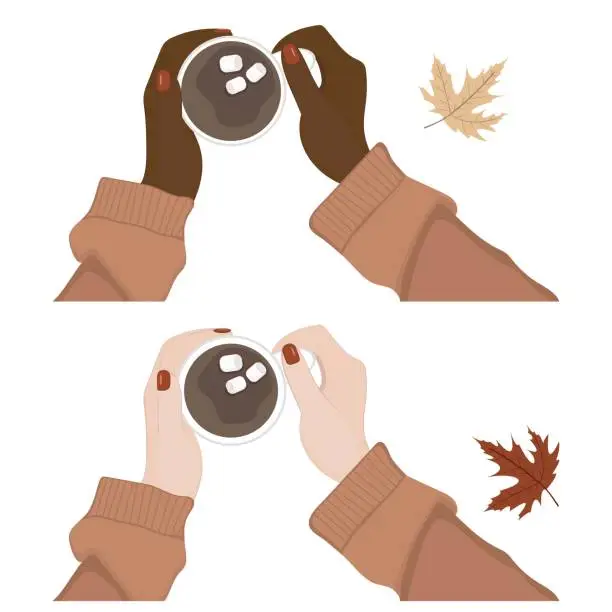 Vector illustration of The hands of a woman in a sweater hold a coffee cup