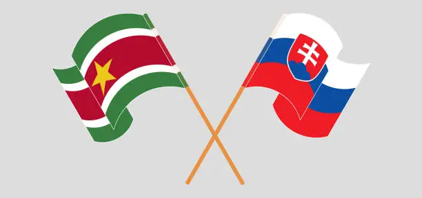 Vector illustration of Crossed and waving flags of Suriname and Slovakia