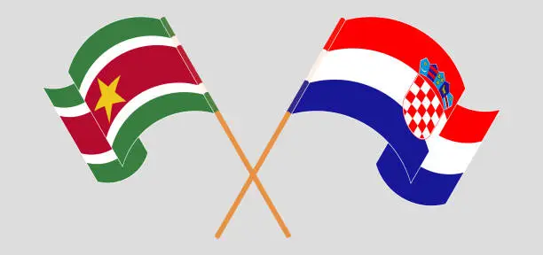 Vector illustration of Crossed and waving flags of Suriname and Croatia