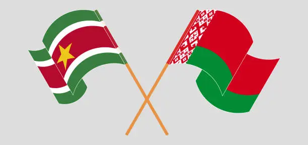 Vector illustration of Crossed and waving flags of Suriname and Belarus