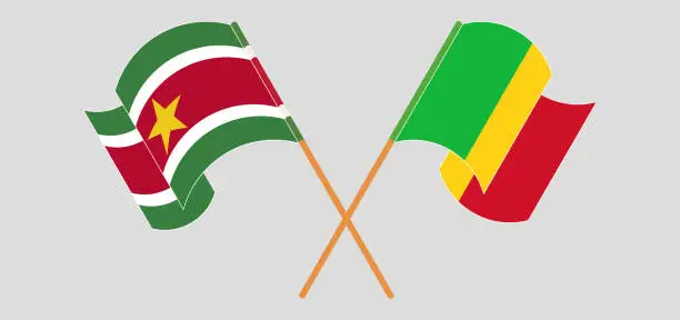 Vector illustration of Crossed and waving flags of Suriname and Mali