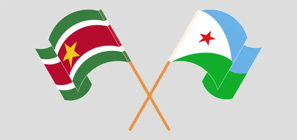 Vector illustration of Crossed and waving flags of Suriname and Djibouti