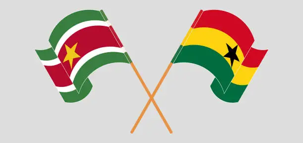 Vector illustration of Crossed and waving flags of Suriname and Ghana