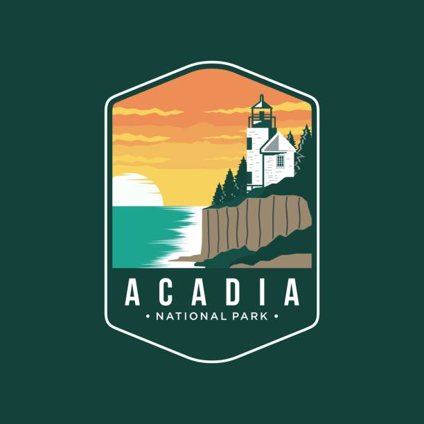 ilustraciones, imágenes clip art, dibujos animados e iconos de stock de icono de parche emblema ilustración del parque nacional de acadia sobre fondo oscuro - lighthouse landscape maine sea