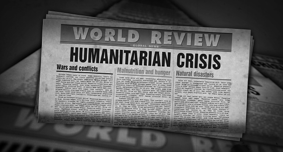 Humanitarian crisis news, famine and hunger disaster. Newspaper print. Vintage press abstract concept. Retro 3d rendering illustration.