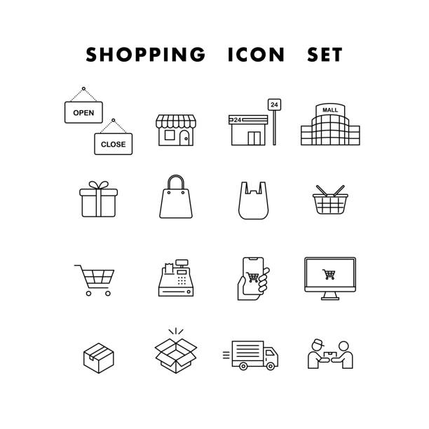 ilustraciones, imágenes clip art, dibujos animados e iconos de stock de conjunto de iconos de compras - shopping