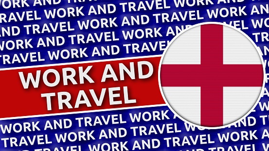 England Circular Flag with Work and Travel Titles - 3D Illustration 4K Resolution