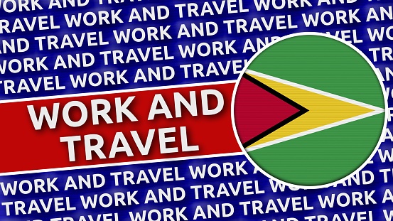 Guyana Circular Flag with Work and Travel Titles - 3D Illustration 4K Resolution