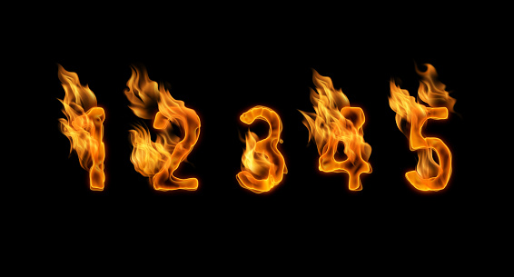 3d alphabet, numbers 12345 made of Fire, 3d illustration