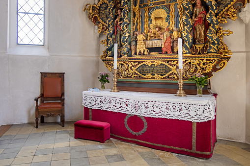 The altar in Nysted church, which originates from the 1300s but has been expanded later. Nysted is a small town at the south coast of Lolland - one of Denmarks larger islands