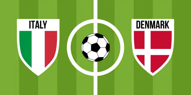 Vector illustration of italy vs denmark, teams shield shaped national flags