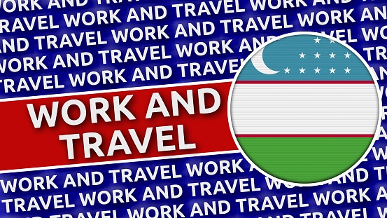 Uzbekistan Circular Flag with Work and Travel Titles - 3D Illustration 4K Resolution