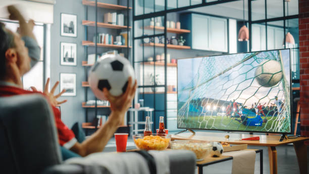 ホームサッカーファンは、テレビでサッカーの試合を見てカウチで、チャンピオンシップを獲得するために好意的なスポーツチームを応援します。スクリーンはプロサッカークラブのプレー� - fan television football watching tv ストックフォトと画像