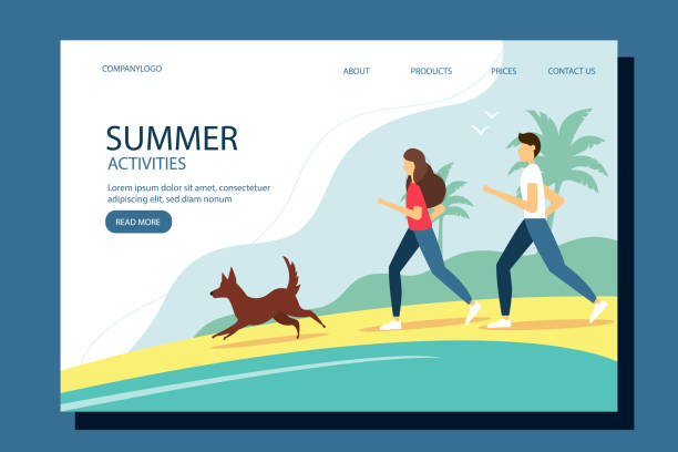 frau und mann laufen mit dem hund am strand. sommer-illustration im flachen stil. design für ihre zwecke mit platz für text. - inhabit stock-grafiken, -clipart, -cartoons und -symbole