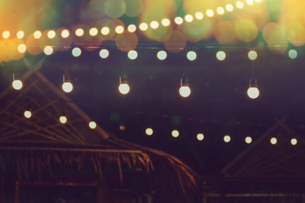istock blurred bokeh light with yellow string lights decor in beach restaurant at dusk of summer background 1327460972