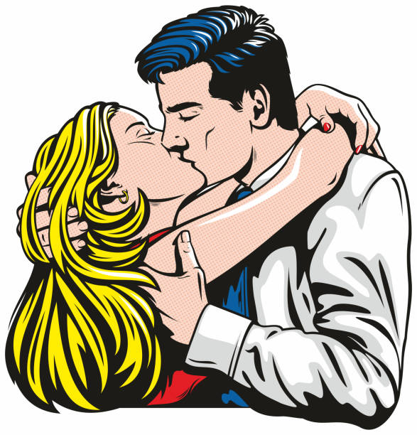 Loving Embrace Pop art style illustration of two beautiful young lovers in a passionate kiss. kissing on the mouth stock illustrations