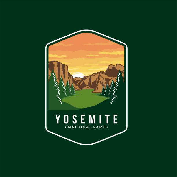 Emblem patch icon illustration of yosemite National park on dark background Emblem patch icon illustration of yosemite National park on dark background yosemite falls stock illustrations