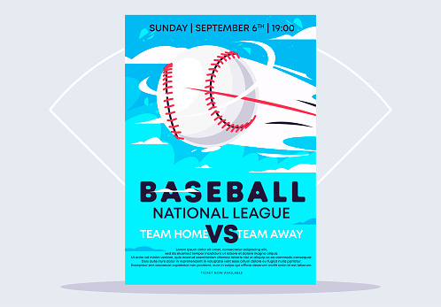 Vector illustration of a poster template and a flyer for a baseball game, a baseball flying quickly in the air against the sky