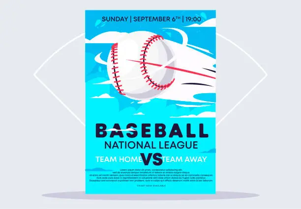 Vector illustration of Vector illustration of a poster template and a flyer for a baseball game, a baseball flying quickly in the air against the sky