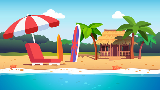 Empty deck chair, umbrella, surfboards, palm trees and exotic hut house hotel on sunny ocean beach. Tourism, luxury summer holiday vacation resort on sea shore. Flat style vector isolated illustration