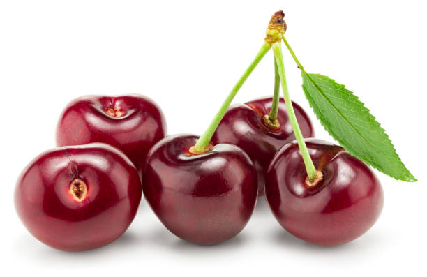 istock red cherry fruit with green leaf isolated on white background. clipping path 1327463602