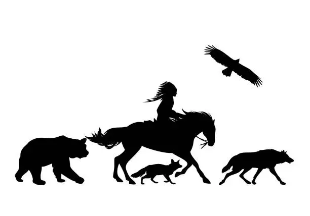 Vector illustration of native american indian shaman and wild animals black vector silhouette set