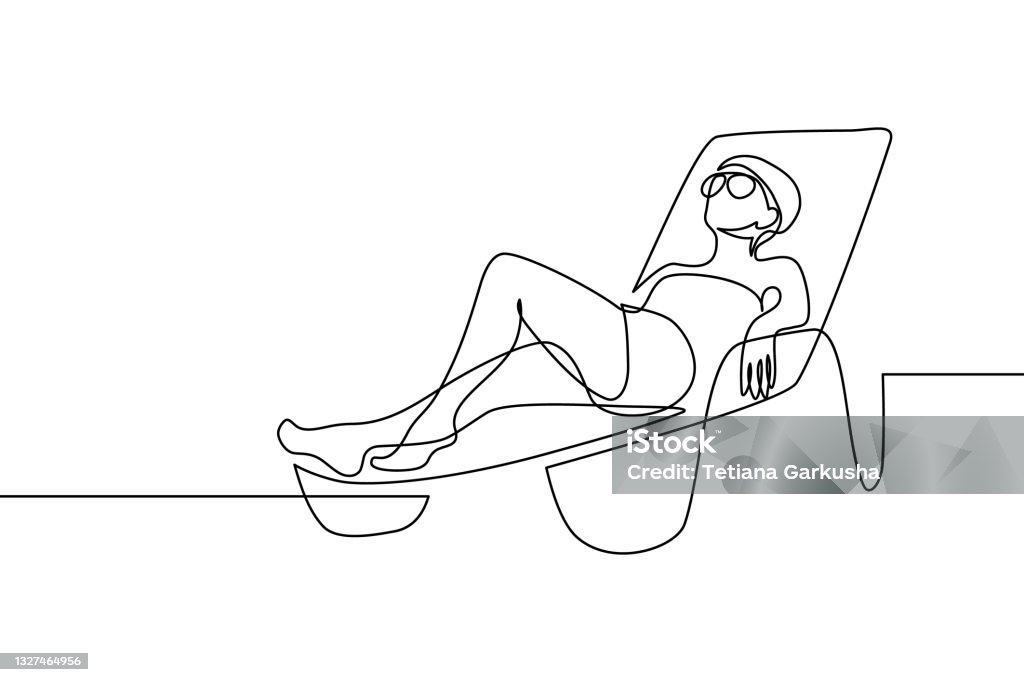 Woman relaxing on a lounge chair Woman relaxing on a beach lounge chair in continuous line art drawing style. Wellness and relax time. Happy summer vacation. Black linear sketch isolated on white background. Vector illustration Line Art stock vector