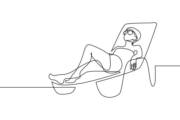 Woman relaxing on a lounge chair Woman relaxing on a beach lounge chair in continuous line art drawing style. Wellness and relax time. Happy summer vacation. Black linear sketch isolated on white background. Vector illustration outdoor lifestyle stock illustrations