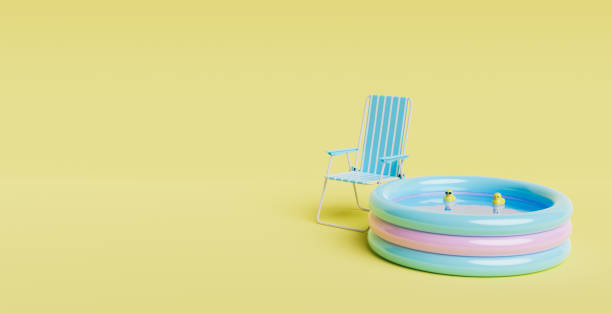 Inflatable swimming pool small inflatable pool with rubber ducks inside and outdoor chair next to it. minimalistic scene. children's summer concept. space for text. 3d render color intensity stock pictures, royalty-free photos & images