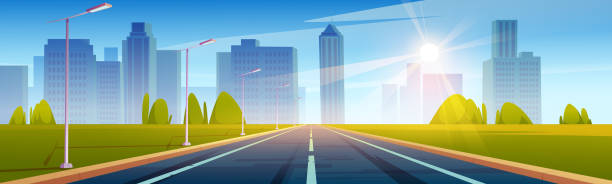 Highway, empty road to city with high skyscrapers Highway, empty road to city with skyscraper buildings and modern houses. Two-lane asphalted way perspective view with street lamps and green field by sides, urban cityscape Cartoon vector illustration modern house driveway stock illustrations