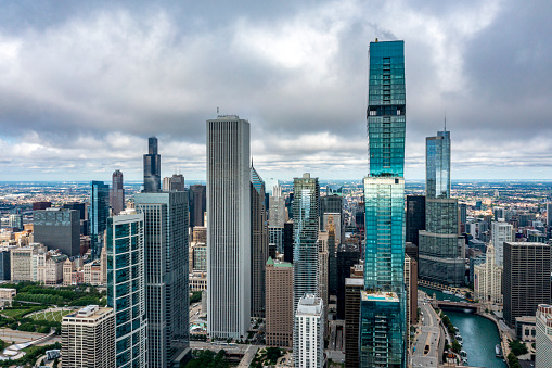 Aerial photo of tall skyscrapers in Downtown Chicago