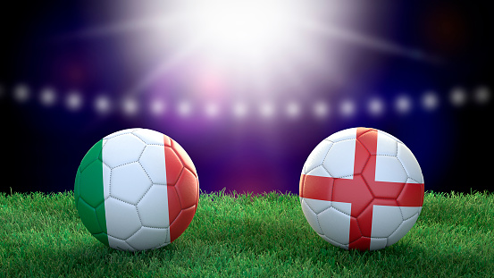 Two soccer balls in flags colors on stadium blurred background. Italy and England. Final. 3d image