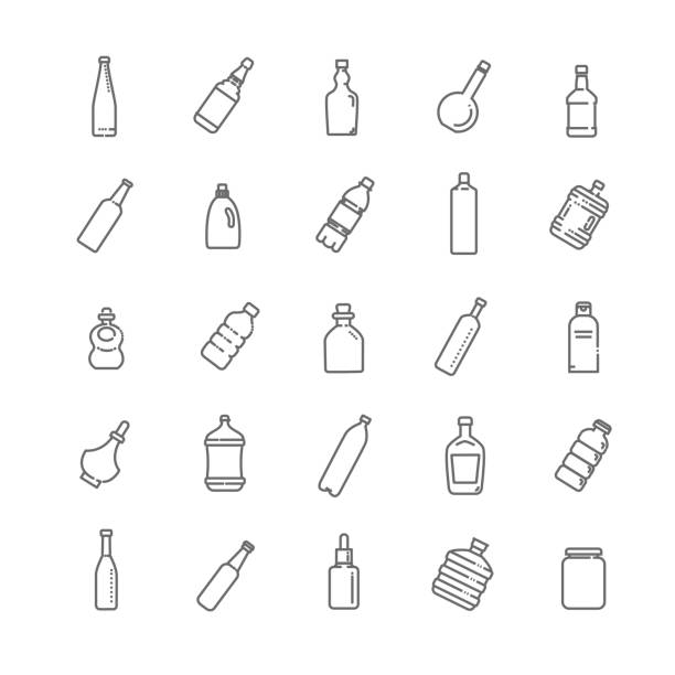 flasche, verpackung sammlung -outline flache vektor-symbole. - wasserflasche stock-grafiken, -clipart, -cartoons und -symbole