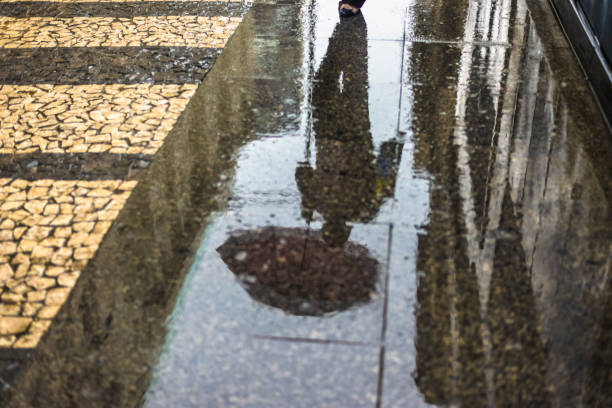 Reflection of the shadow on the pavement wet by the rain. Historic center of Salvador, Bahia, Brazil