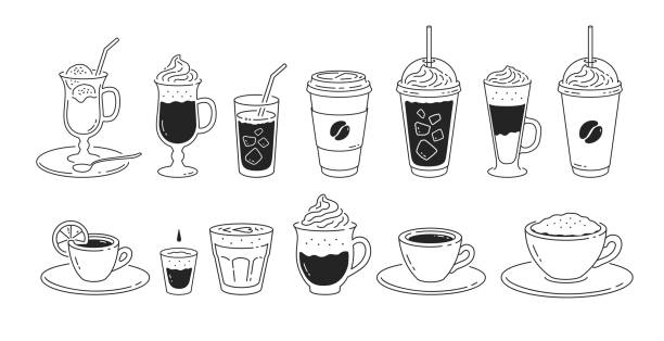 ilustrações de stock, clip art, desenhos animados e ícones de line art illustration set of coffee cups - russian shot