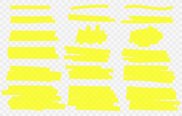 illustrations, cliparts, dessins animés et icônes de lignes de marqueur de surbrillance jaune dessinées à la main isolées sur fond transparent. ensemble de traits jaunes dessinés à la main - office supply group of objects pencil highlighter