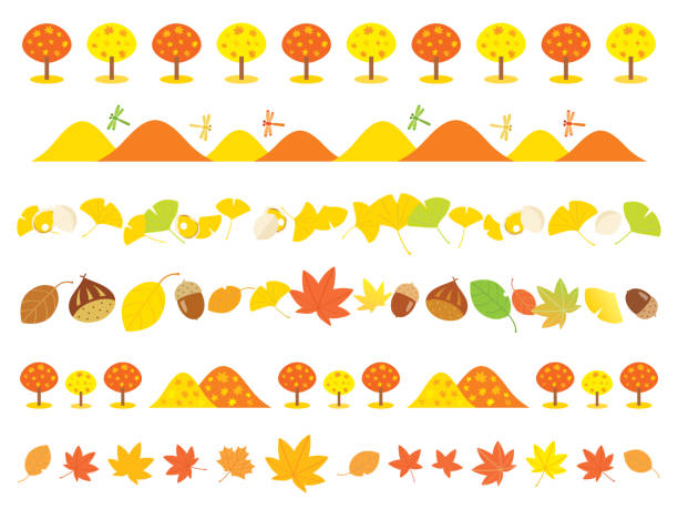 linie der herbst ahornblätter, berg, ginkgo und eichel. - chestnut autumn september leaf stock-grafiken, -clipart, -cartoons und -symbole